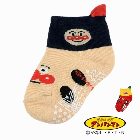 子供靴下(キッズソックス) それいけ！アンパンマン キャラクター すべり止め付き 乗り物柄 ミニ丈 (ベビーサイズ 9-14cm) 1足組 1872-3U1