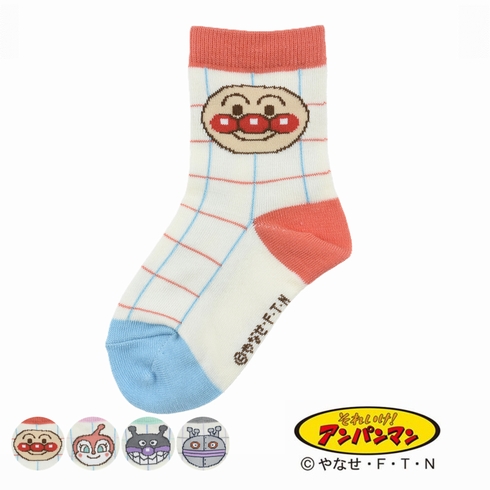 子ども靴下(キッズソックス) それいけ！アンパンマン キャラクター チェック柄 クルー丈 13-19cm 1足組 187-26U0