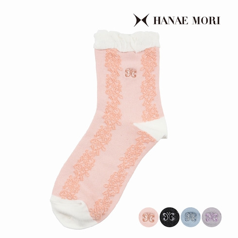 婦人靴下(レディースソックス) ハナエモリ 綿コーマ 履き口フリル スパイラル柄 クルー丈 1足組 3100-02P