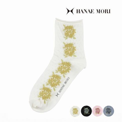 婦人靴下(レディースソックス) ハナエモリ 裏糸テグス スパイラルメッシュ サイド花柄ライン クルー丈 1足組 3100-08P